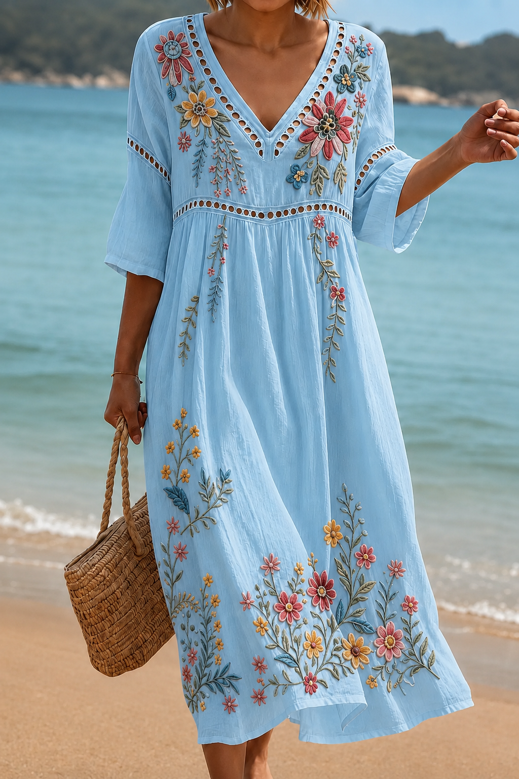 Women's Vacation Linen Boho Floral Print V-Neck Short Sleeve Maxi Dress