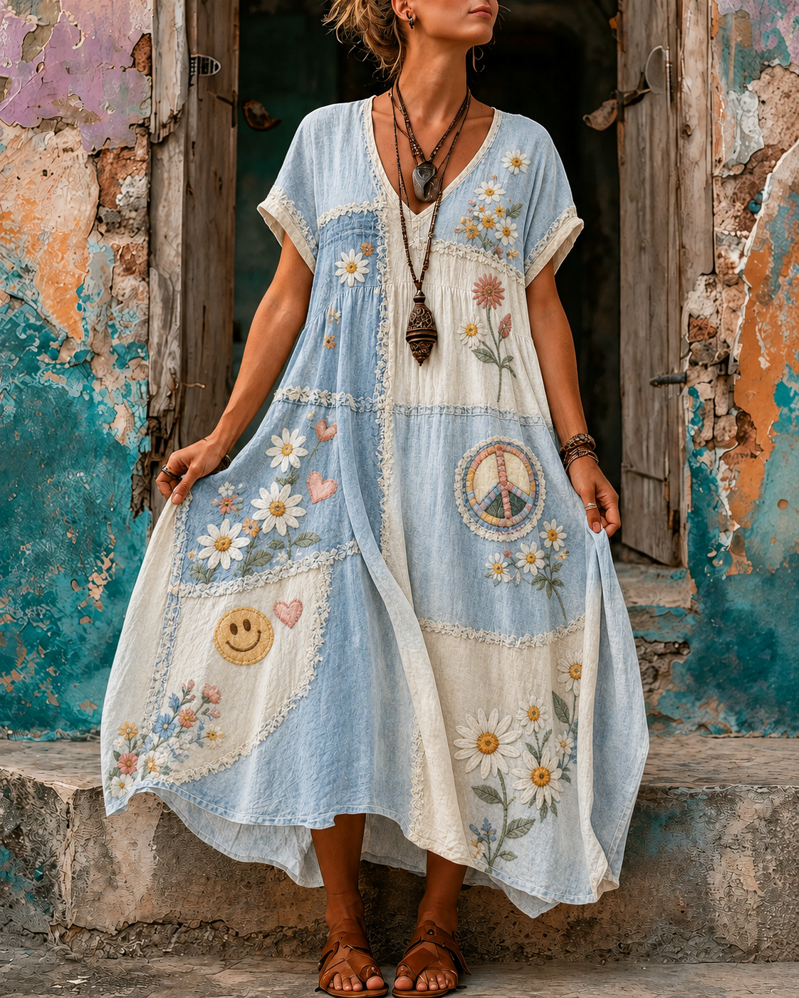 Women's Vacation Linen Boho Floral Print V-Neck Short Sleeve Maxi Dress