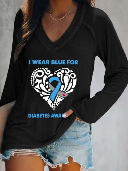 Women's I Wear Blue For Diabetes Awareness Print Long Sleeves Casual T-Shirt