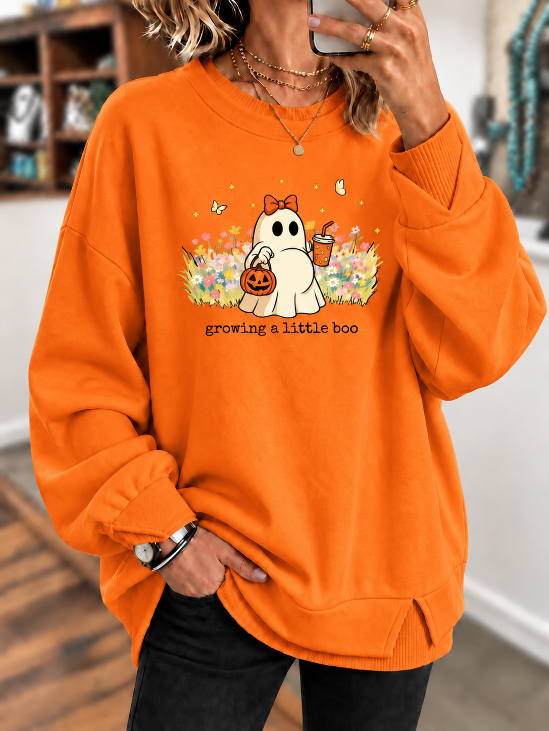 Growing a Little Boo Halloween Pregnancy Printed Sweatshirt