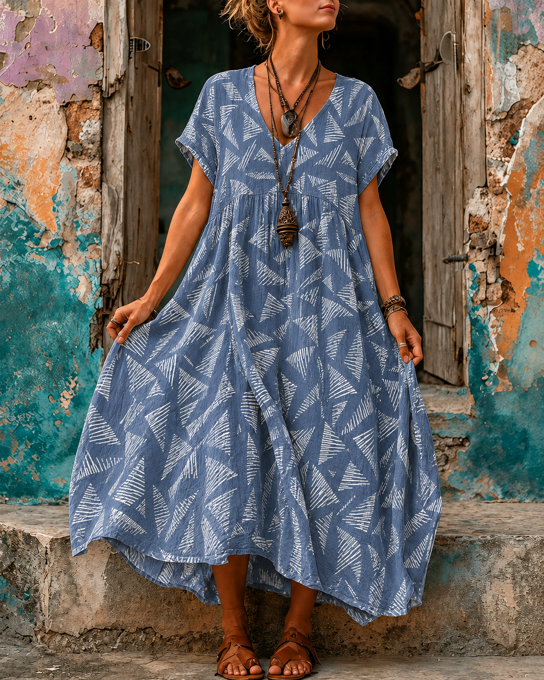 Casual Vacation Retro Geometric Print Maxi Dress