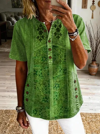 Women's Vintage Ethnic Pattern Art Print Casual Short-sleeve Washed Cotton Denim Shirt