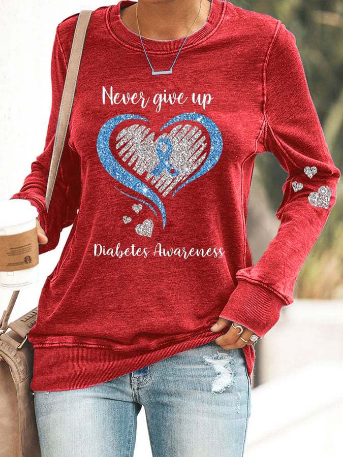 Women's Diabetes Awareness Never Give Up Print Casual Sweatshirt