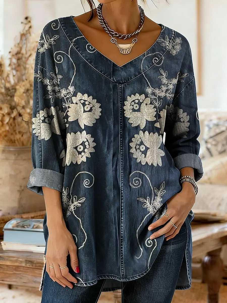 Women's Bohemian Floral Art Print Casual Washed Denim Cotton Top