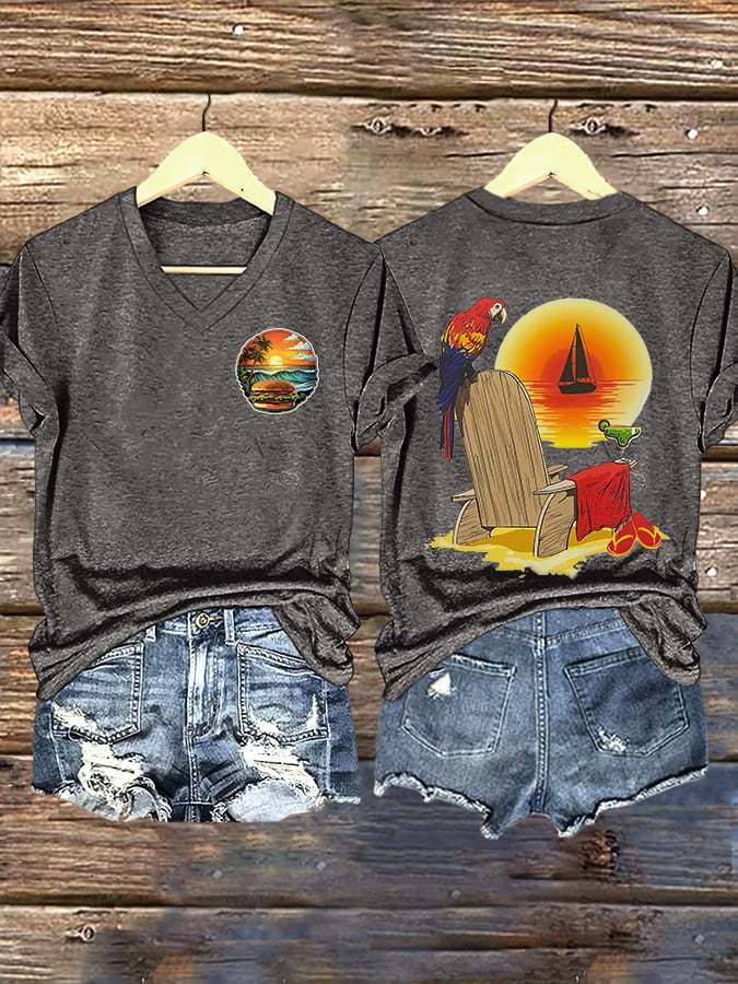 V Neck Retro Vacation Cheeseburger Paradise Parrot Margarita Print T-Shirt