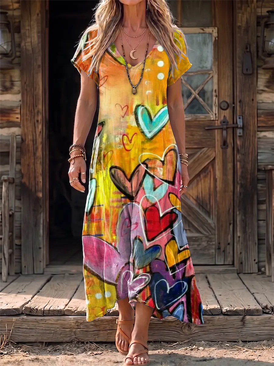 Retro Ethnicity Colorful Love Women's Art Print Casual V-collar Short Sleeve Cotton Dress
