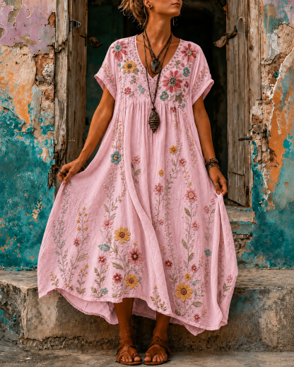 Women's Vacation Linen Boho Floral Embroidery V-Neck Short Sleeve Maxi Dress