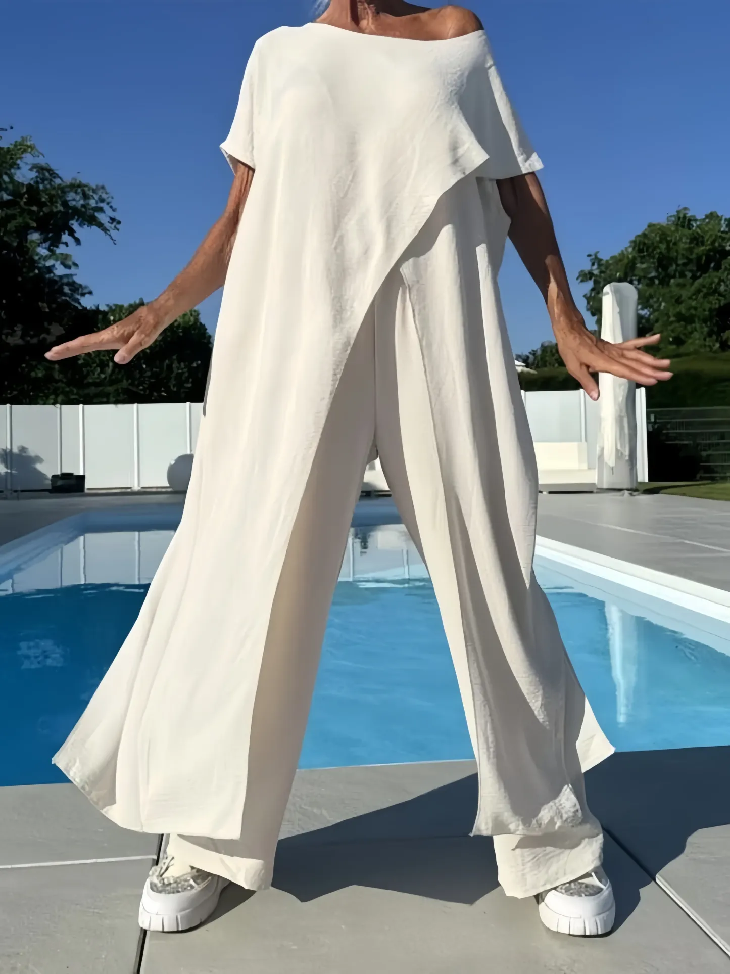 Solid Color Off-Shoulder Top & Pants Set