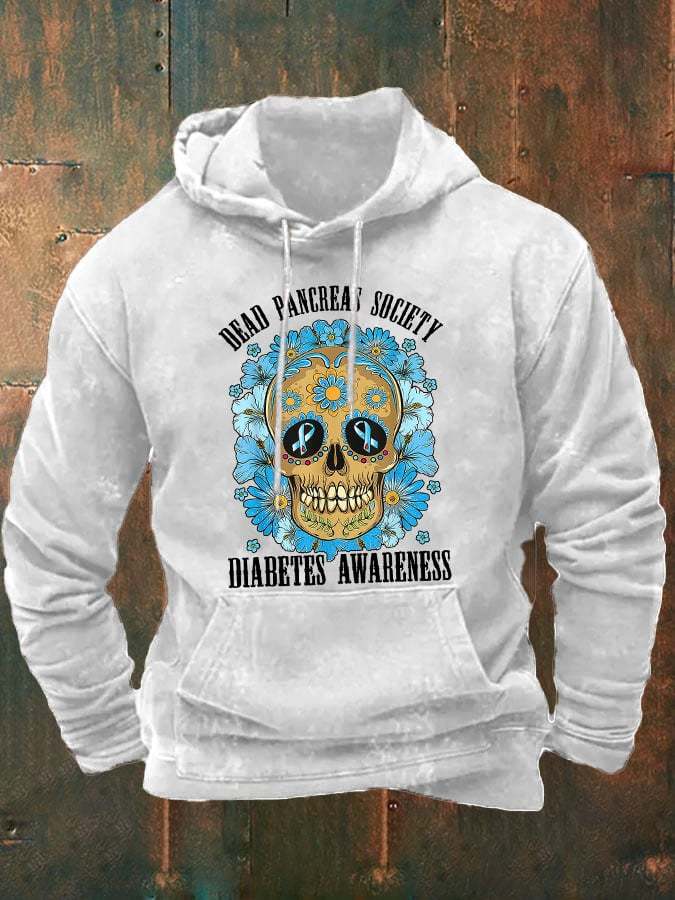 Men's Casual Diabetes Awareness Dead Pancreas Society Print Long Sleeve Hooded Sweatshirt