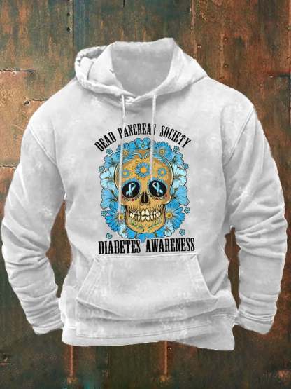 Men's Casual Diabetes Awareness Dead Pancreas Society Print Long Sleeve Hooded Sweatshirt