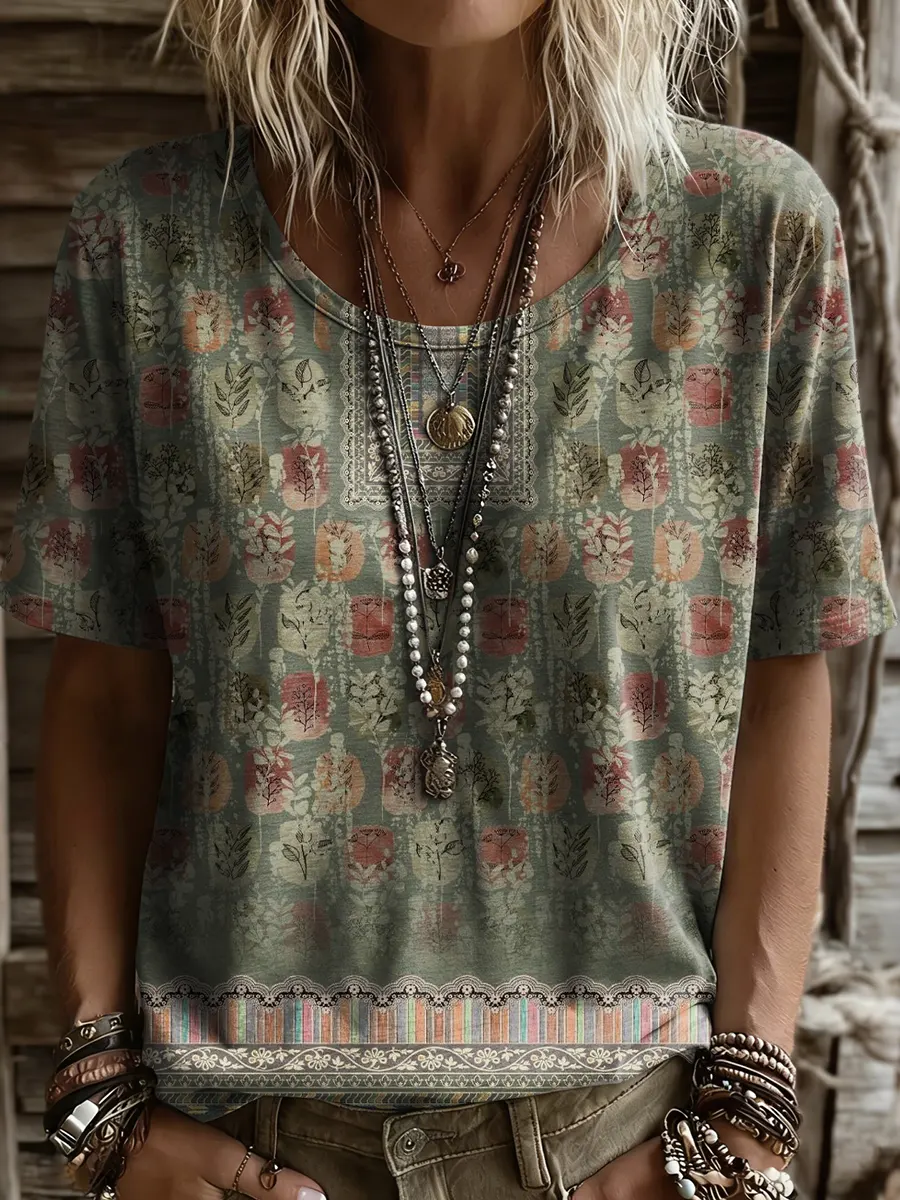 Women's Vintage Washed Plant Silhouette Print Crew Neck T-Shirt