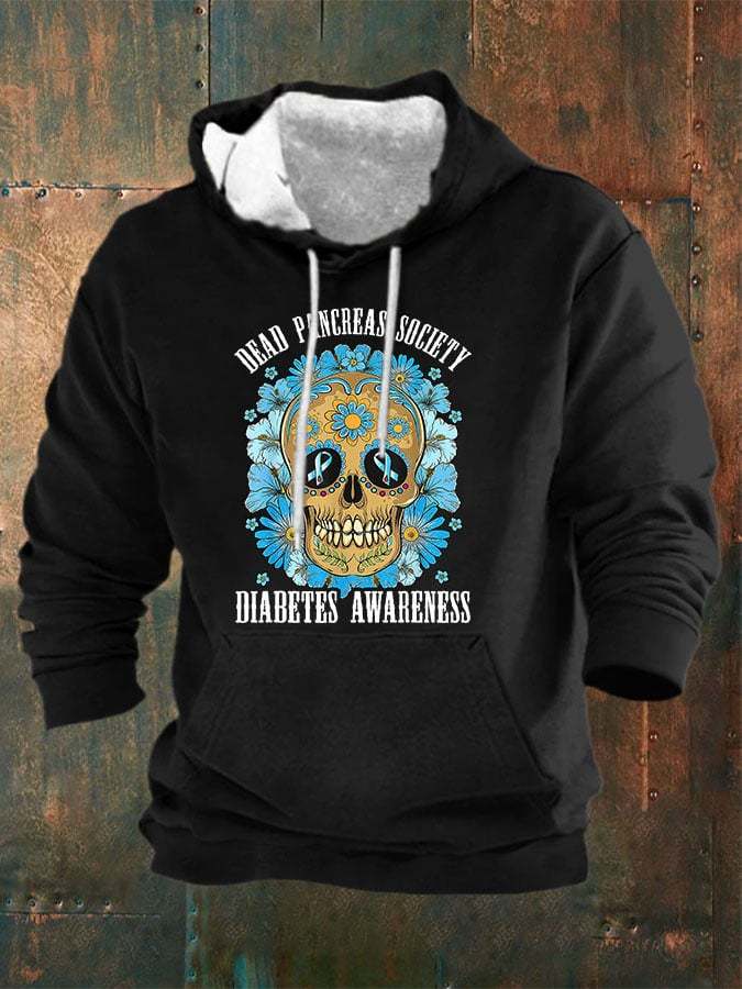 Men's Casual Diabetes Awareness Dead Pancreas Society Print Long Sleeve Hooded Sweatshirt