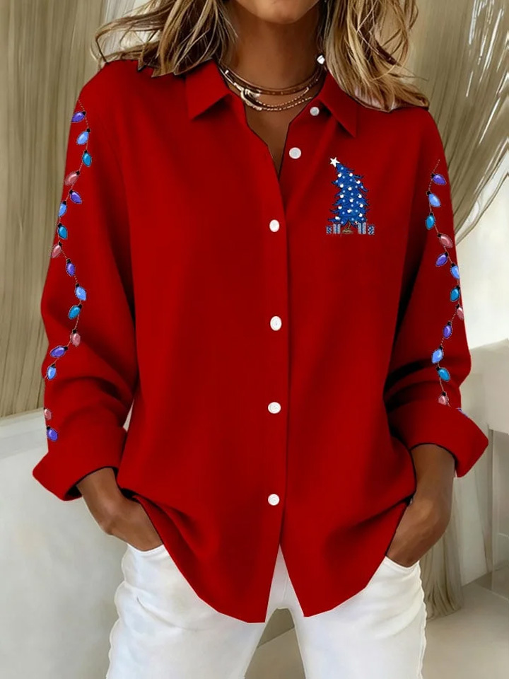 Women's Casual Christmas Print Lapel Long Sleeve Shirt