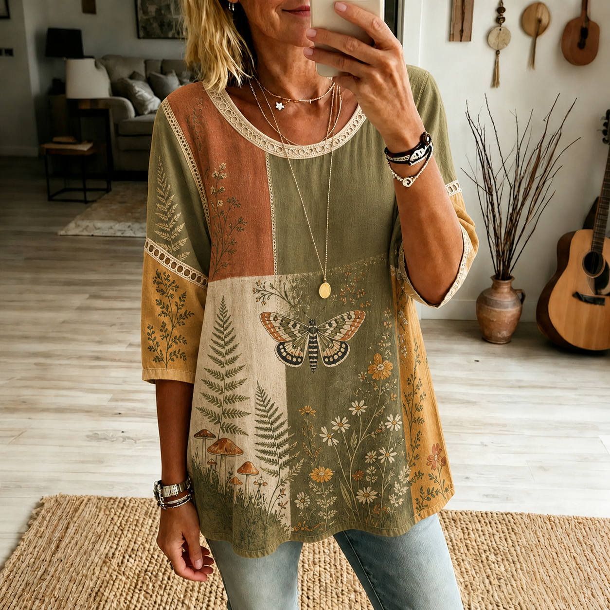 Retro Boho Forlal Pattern Splicing Print Blouse