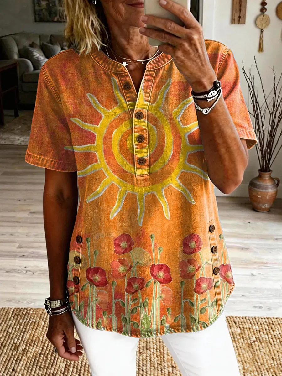 Women's Casual Short-sleeve Washed Cotton Denim Shirt With Floral Print