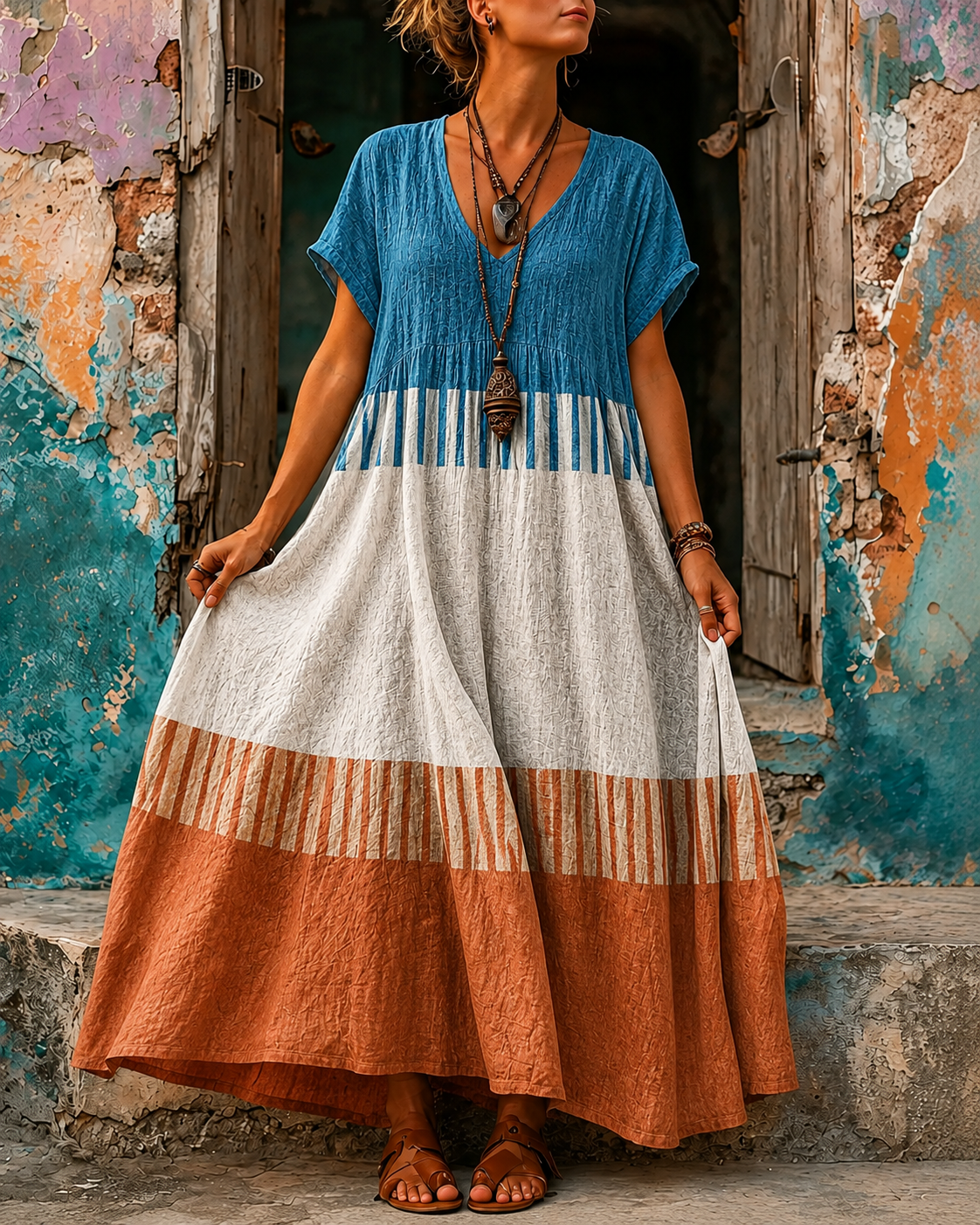 Casual Vacation Retro Geometric Print Maxi Dress