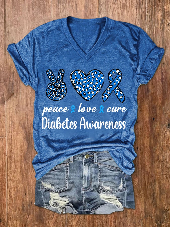 Women's Peace Love Cure Diabetes Awareness V-Neck Tee
