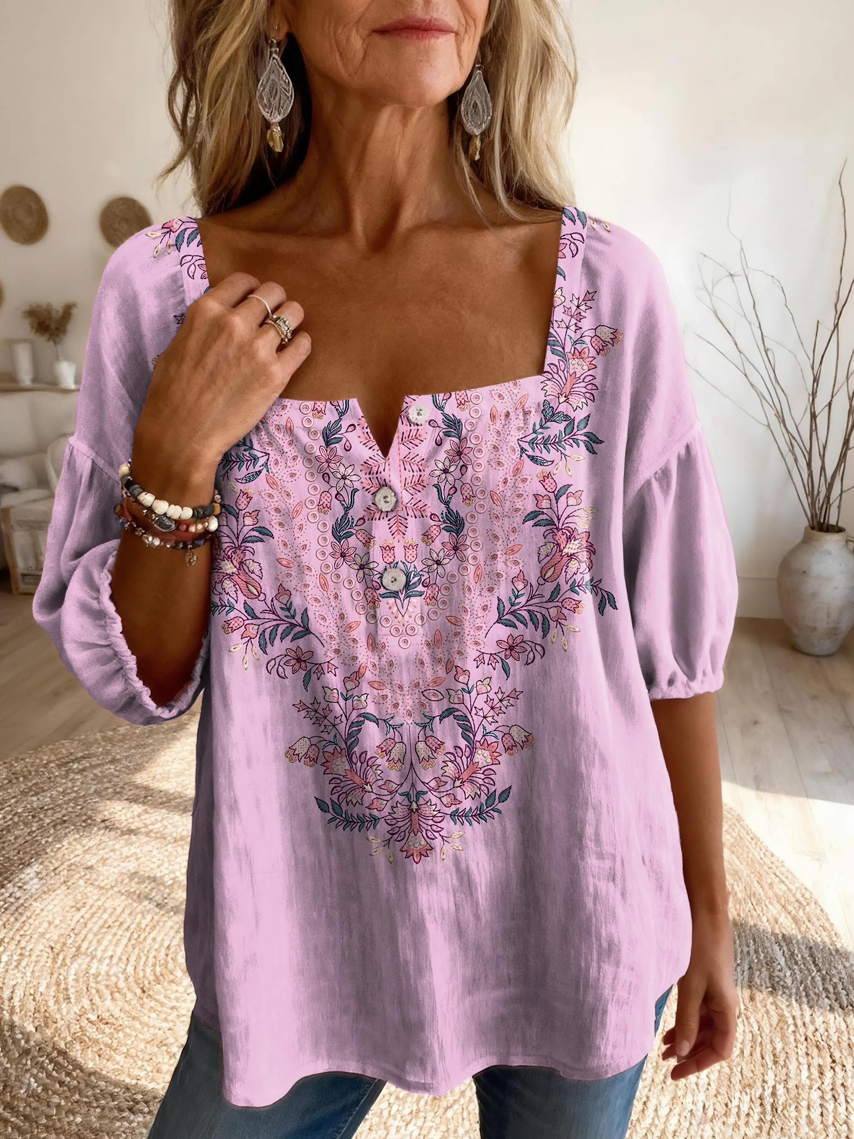Ethnicity Purple Flowers Women's Vintage Art Print Casual Square-neck Top