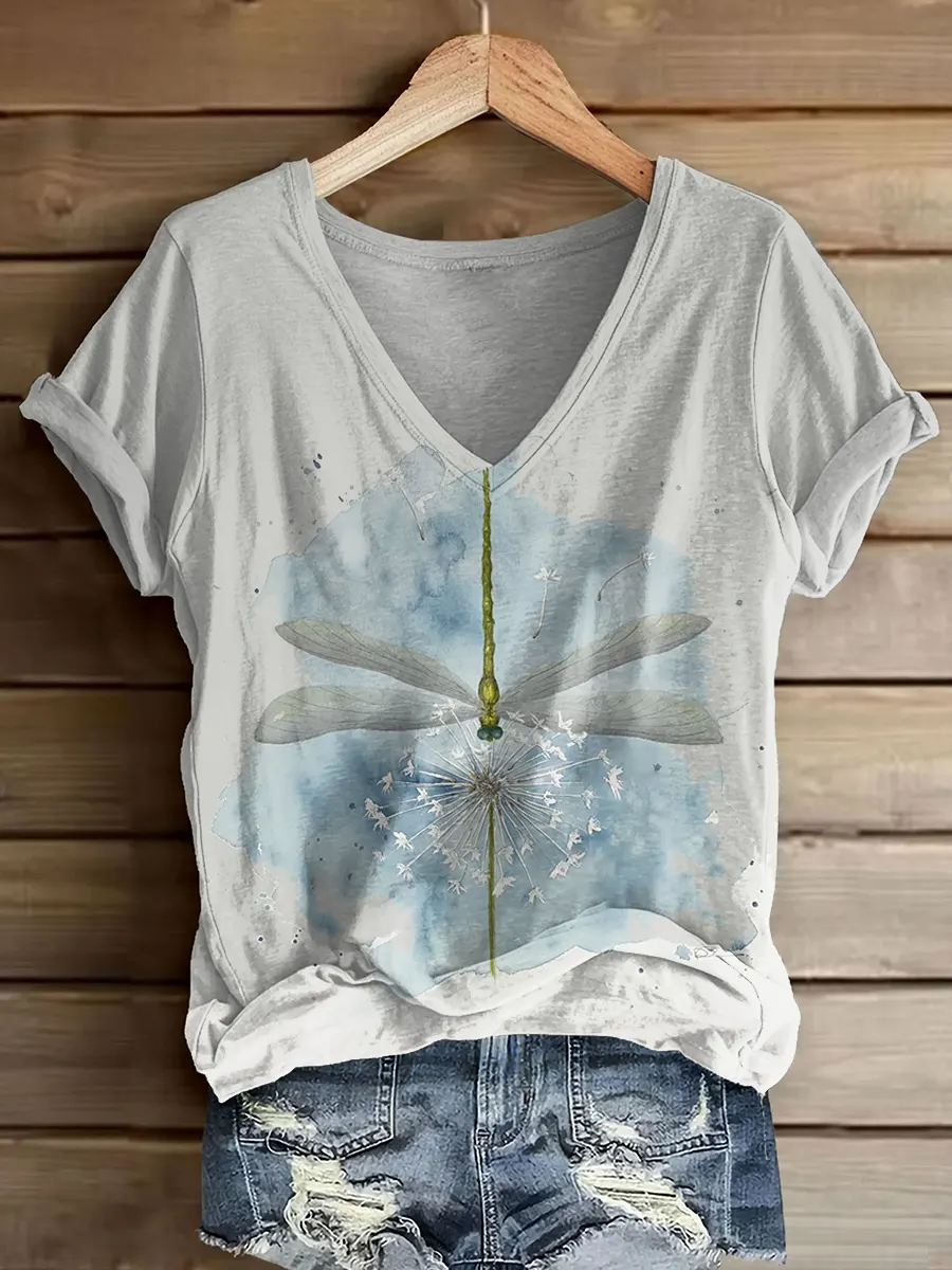 Ethnicity Dragonfly Flowers Women's V-neck Print Casual T-shirt