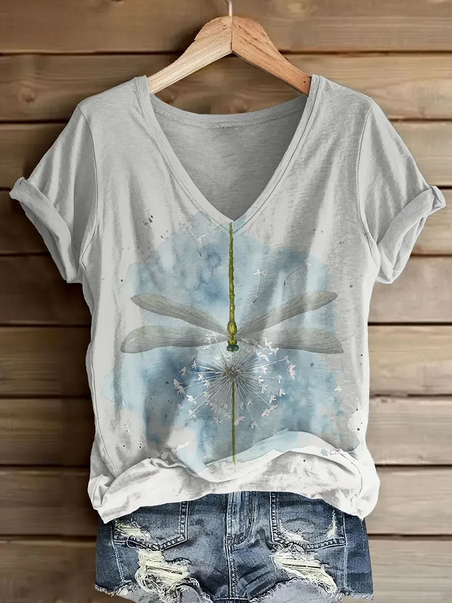 Ethnicity Dragonfly Flowers Women's V-neck Print Casual T-shirt