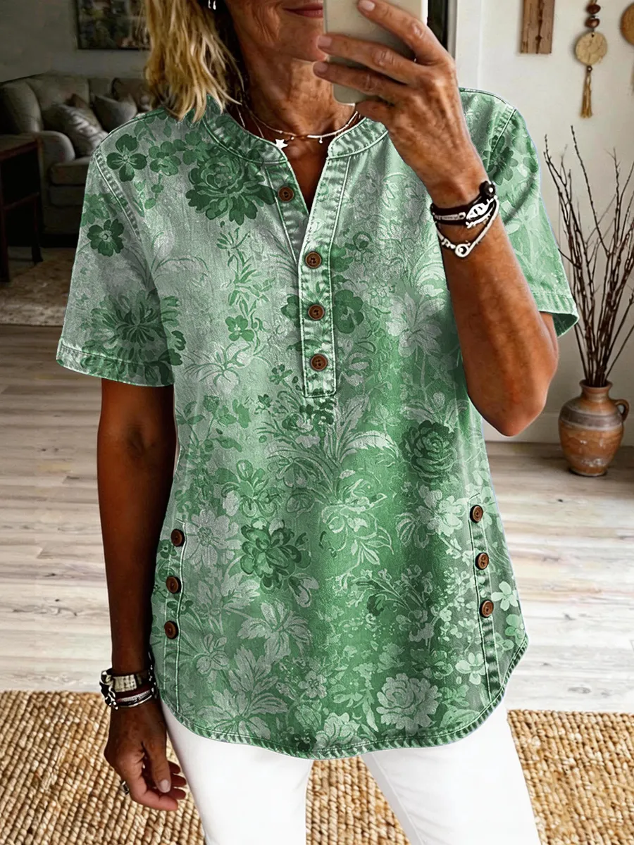 Women's Retro Floral Art Print Casual Short-sleeve Washed Cotton Denim Shirt
