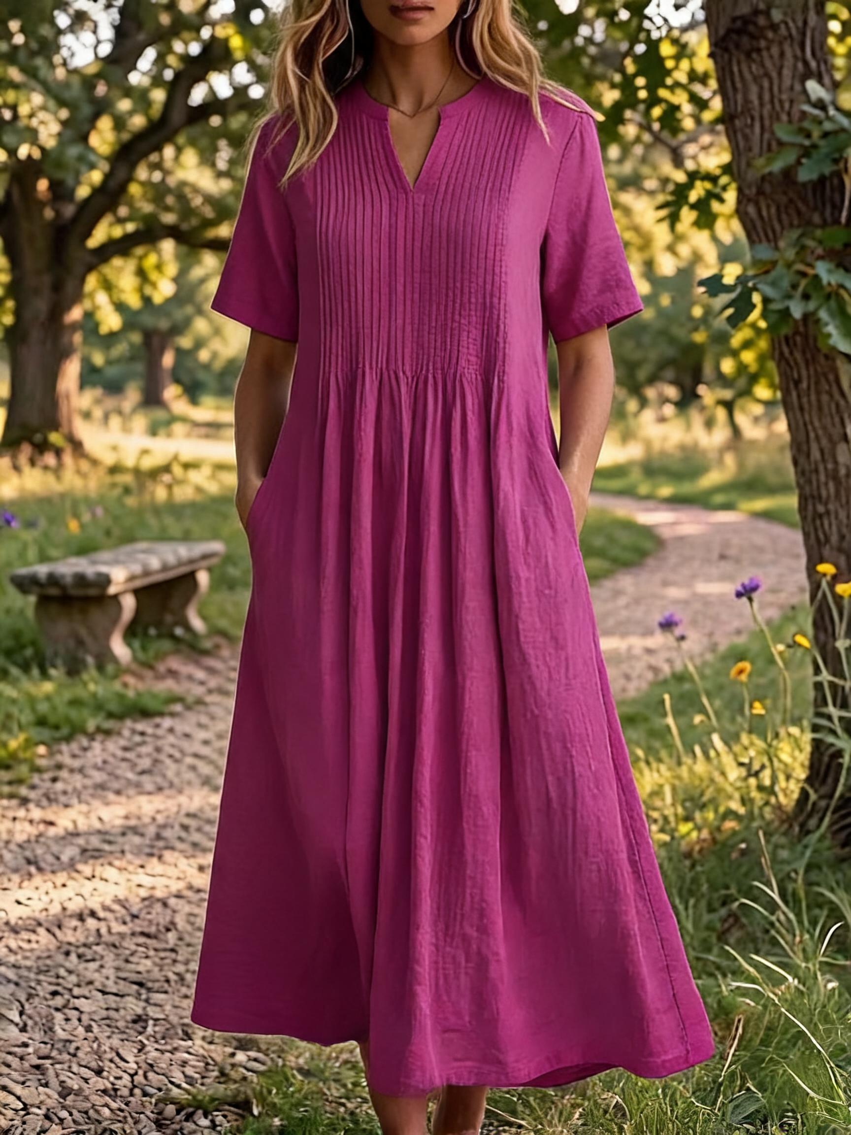 Women'S V-Neck Short-Sleeved Pleated Cotton-Linen Dress