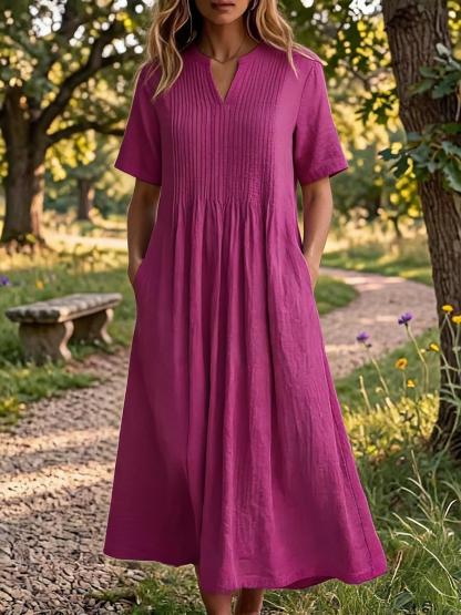 Women'S V-Neck Short-Sleeved Pleated Cotton-Linen Dress
