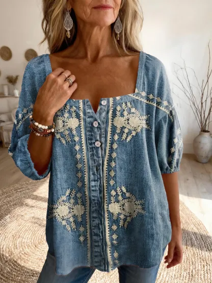 Women's Retro-Style Textured Floral Art Print Casual Square-Neck Top