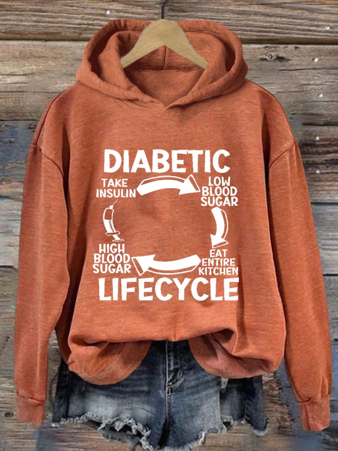 Women's Diabetic Life Cycle Diabetes Support Awareness Print Hoodie Long Sleeve Sweatshirt