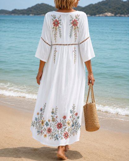Women's Vacation Linen Boho Floral Print V-Neck Short Sleeve Maxi Dress