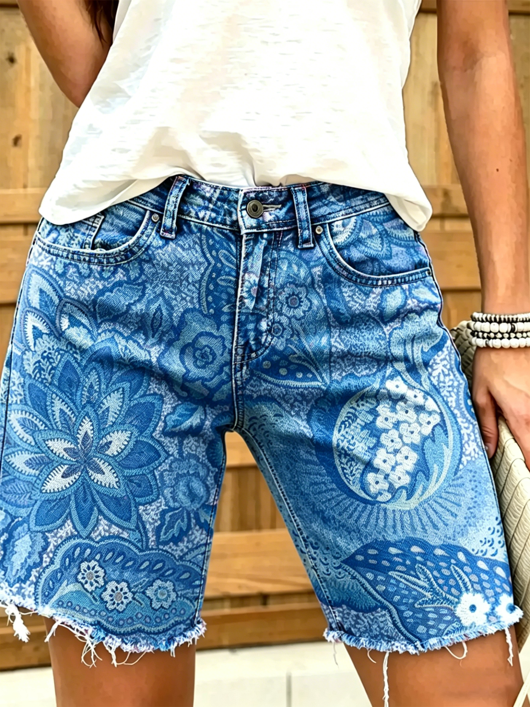 Women's Colorful Ethnic Flowers Print Denim Bermuda Shorts