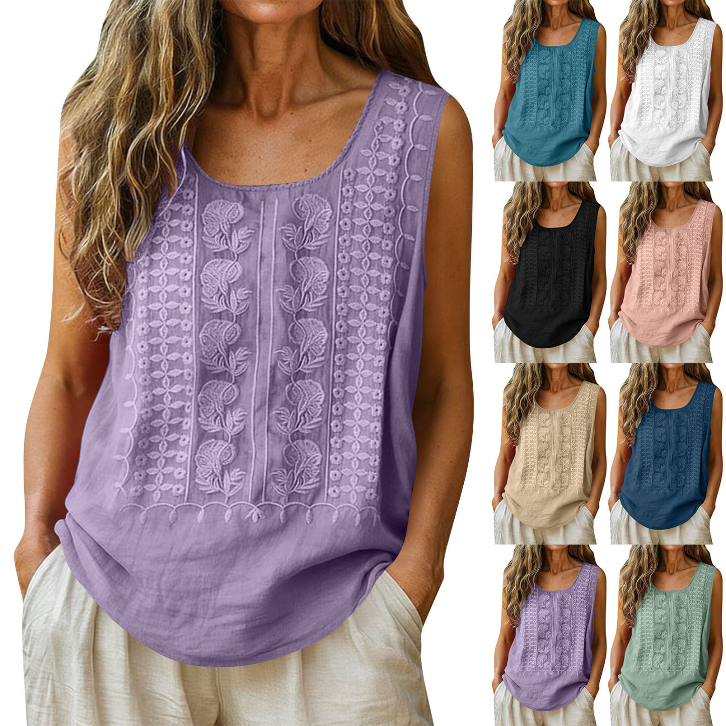 Women's Cotton and Linen Round Neck Embroidered Tank Tops