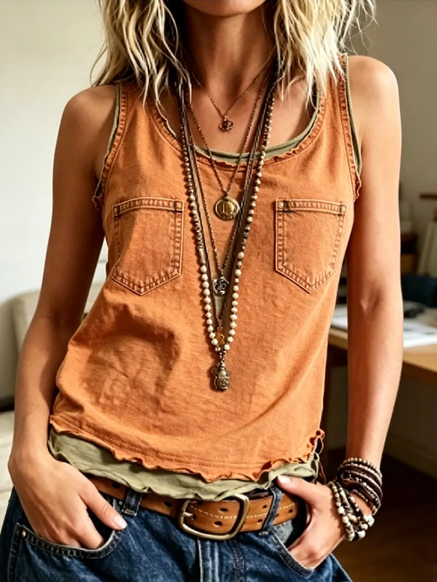 Women's Sleeveless Tank Top With Pockets (two-piece Style)