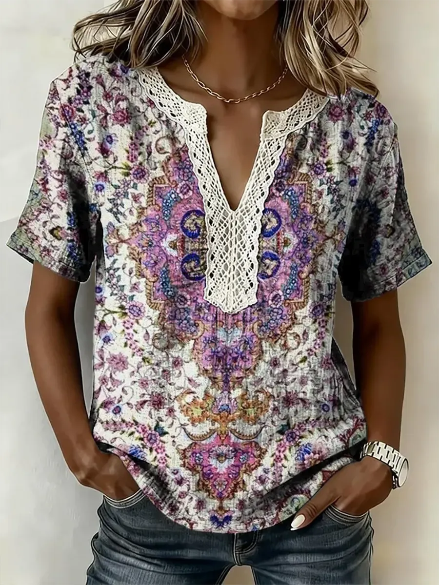 Women's Ethnic Art Print Short-sleeved Lace-trimmed V-neck Shirt