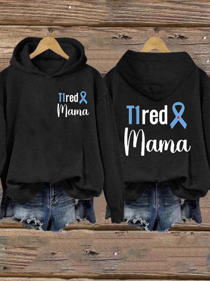 Women's T1red Mama Diabetes Awareness Blue Ribbon Print Casual Hoodie
