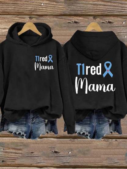 Women's T1red Mama Diabetes Awareness Blue Ribbon Print Casual Hoodie