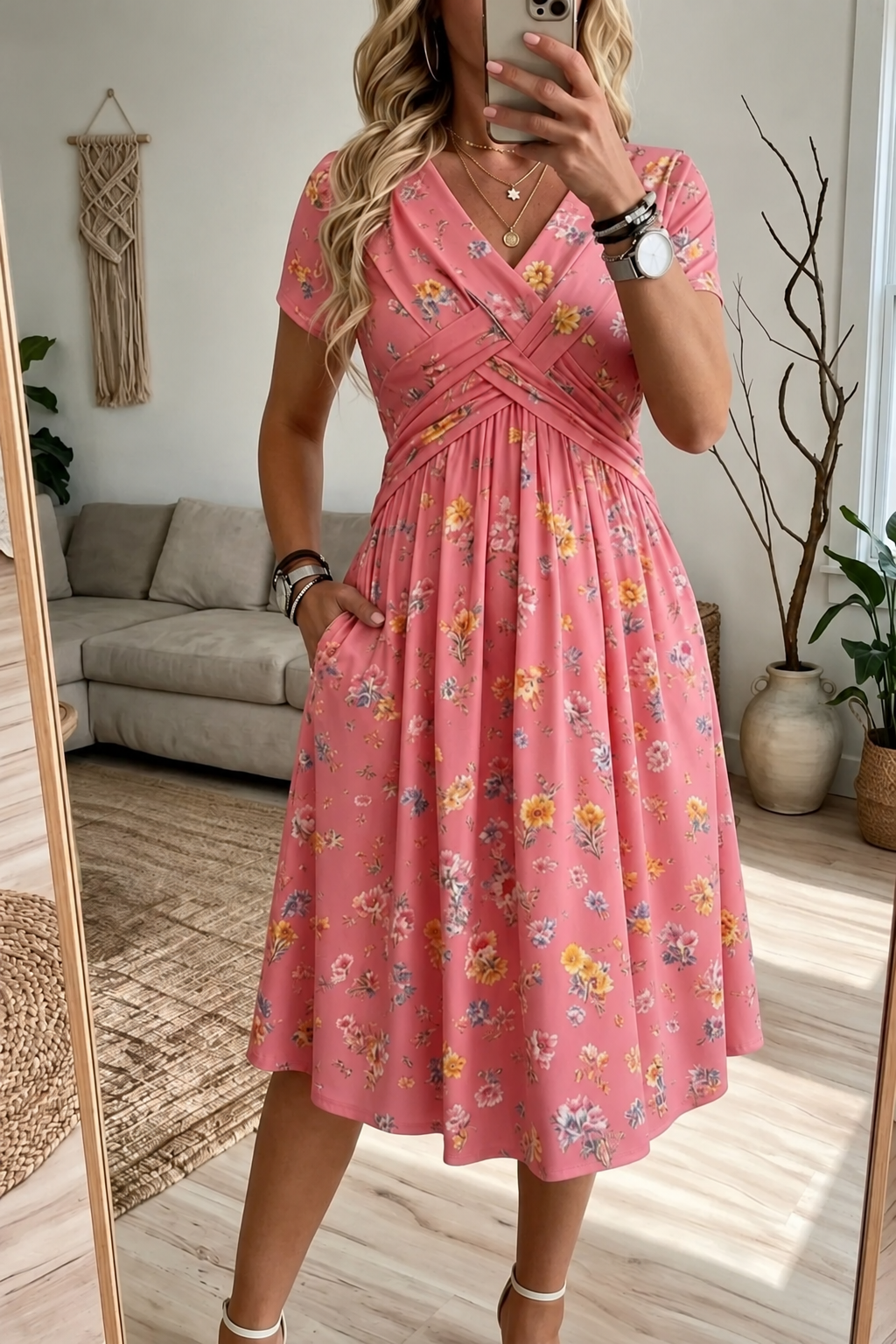 Women's V-Neck Floral Print Dress with Twist Waist