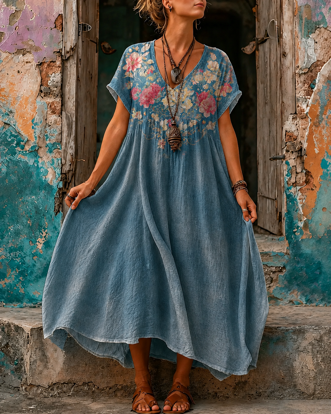 Women's Vacation Linen Boho Floral Print V-Neck Short Sleeve Maxi Dress