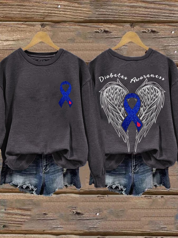 Retro Diabetes Awareness Wings Angel Blue Ribbon Print Sweatshirt