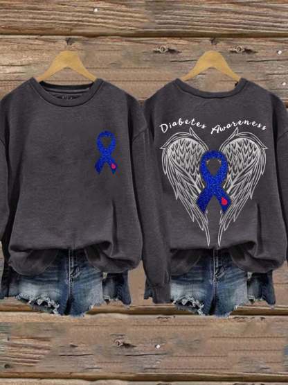 Retro Diabetes Awareness Wings Angel Blue Ribbon Print Sweatshirt