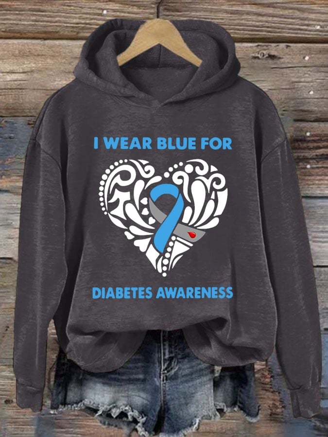 Women's I Wear Blue For Diabetes Awareness Print Hoodie Long Sleeve Sweatshirt