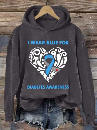 Women's I Wear Blue For Diabetes Awareness Print Hoodie Long Sleeve Sweatshirt
