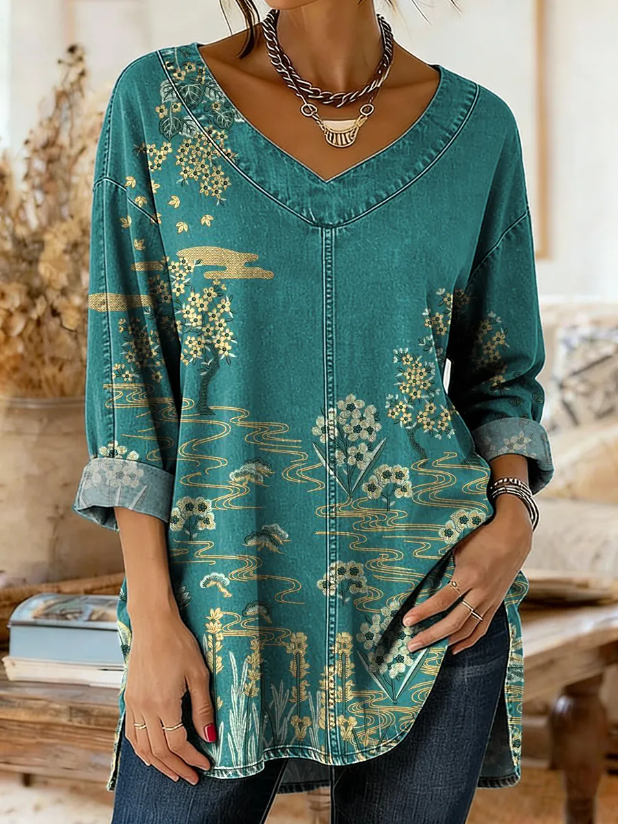 Women's Ethnic Blue Floral Art Print Casual V-neck Long Sleeve Washed Denim Shirt