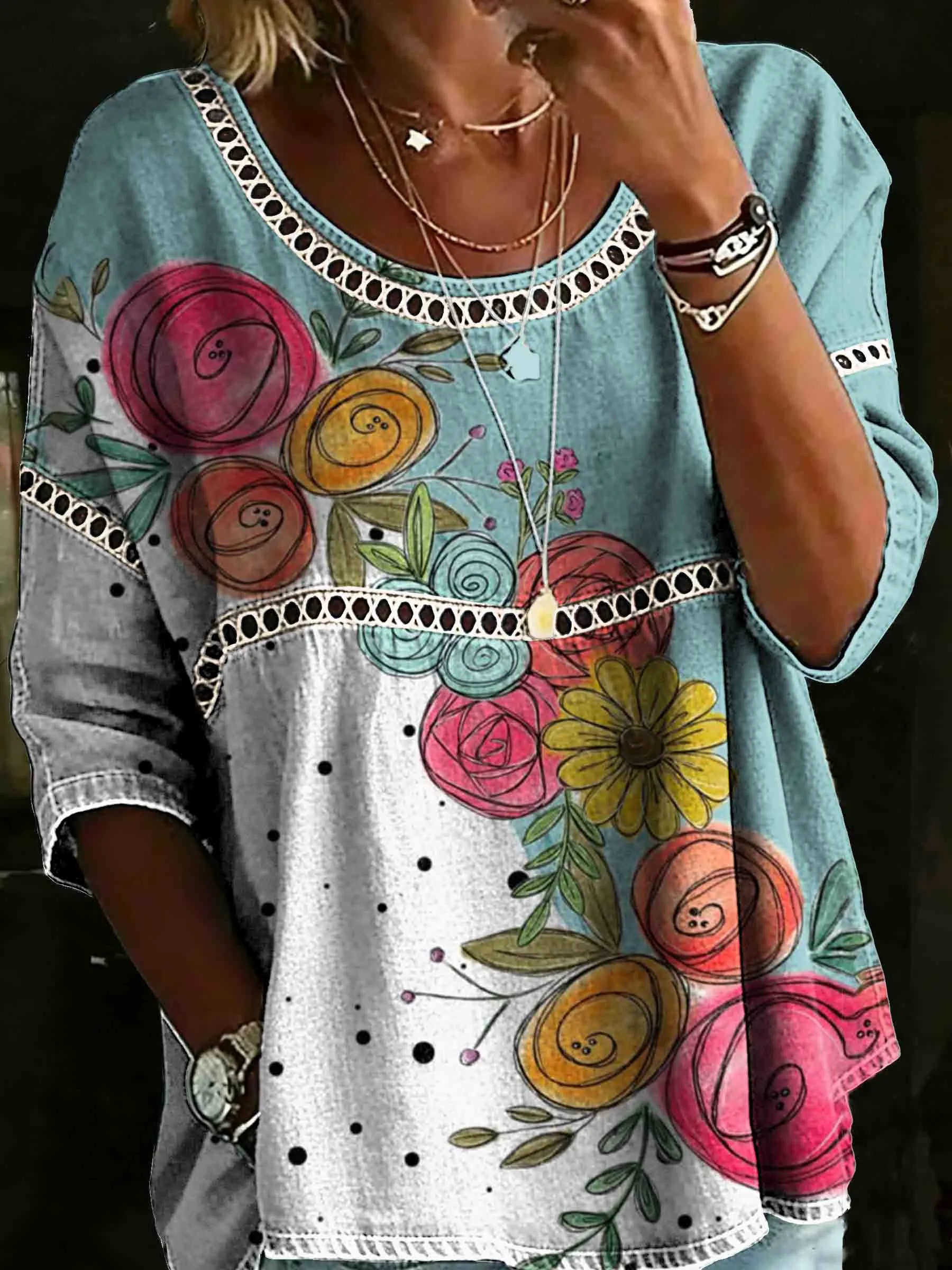 Women's Vintage Floral Print Artistic Round-neck Short-sleeve Denim Top