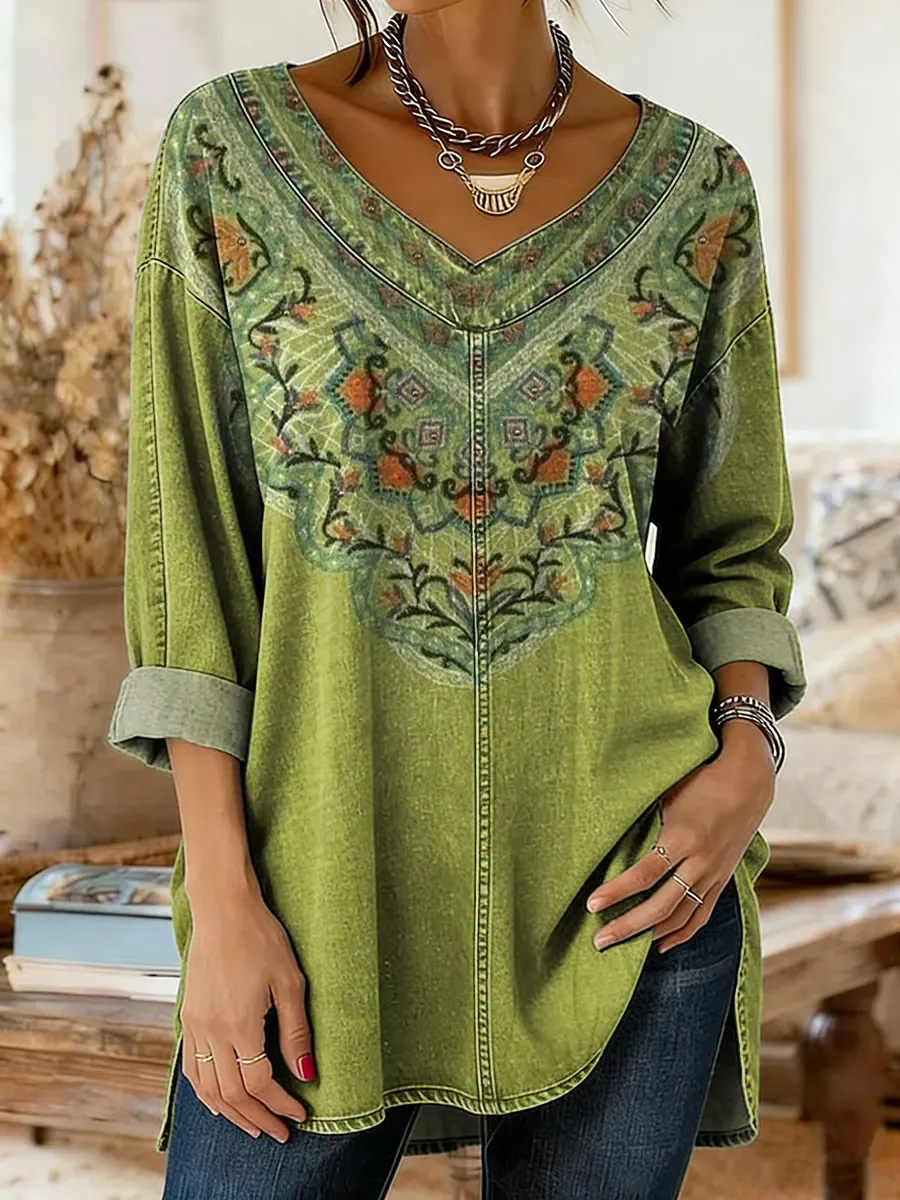 Women's Vintage Courtly Ethnic Floral Art Print Casual Washed Denim Cotton Top