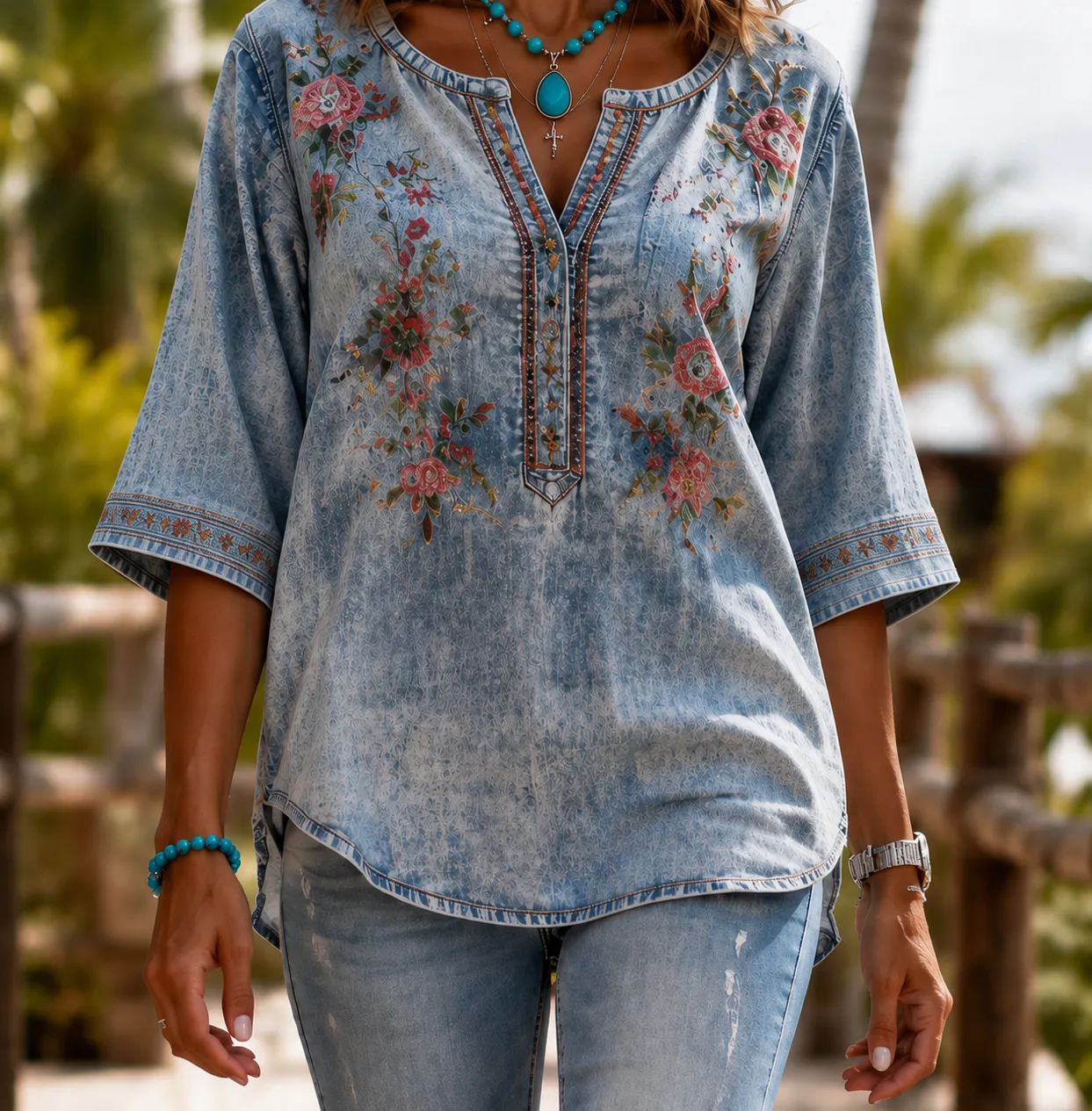 Women's Vintage Courtly Ethnic Floral Art Print Casual Washed Denim Cotton Top