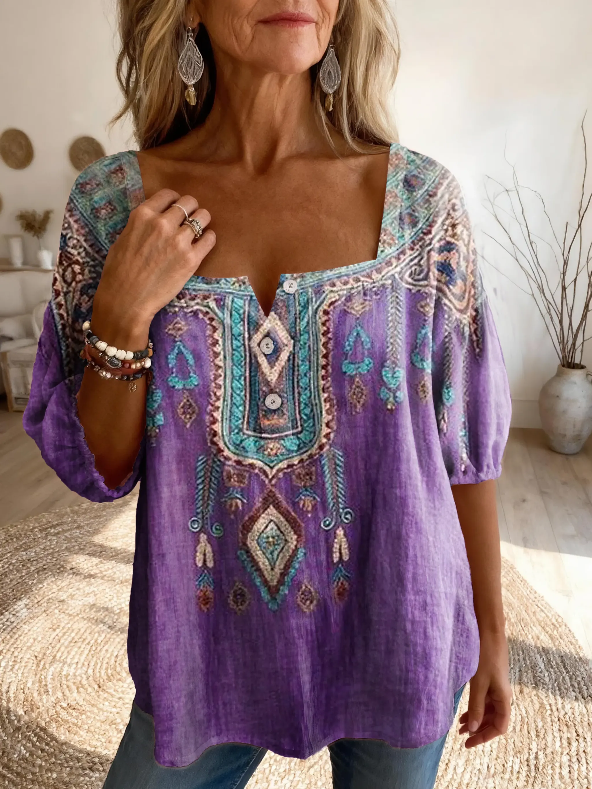 Women's Ethnic Floral Art Print Casual Square Neck Button-down Cotton Shirt