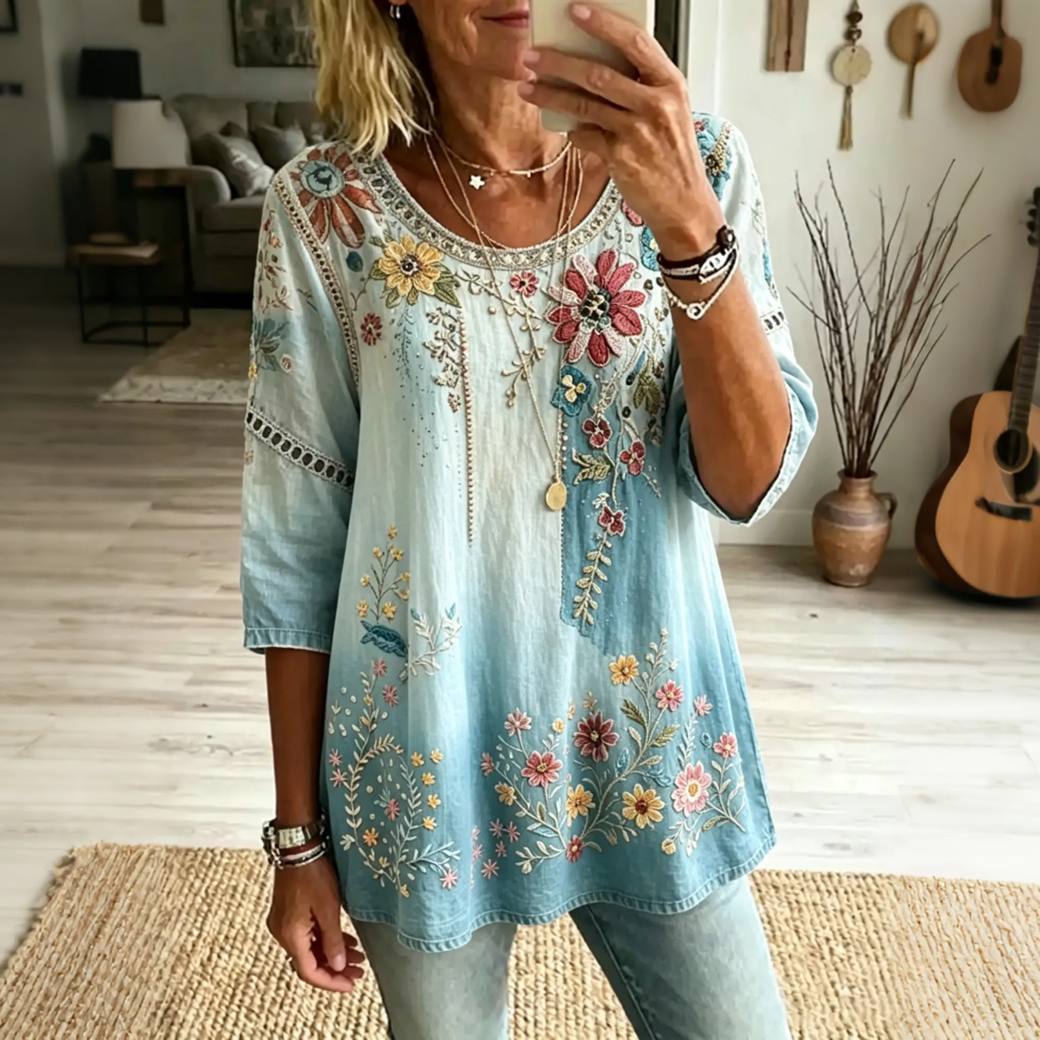 Women's Floral Embroidered Linen Blouse