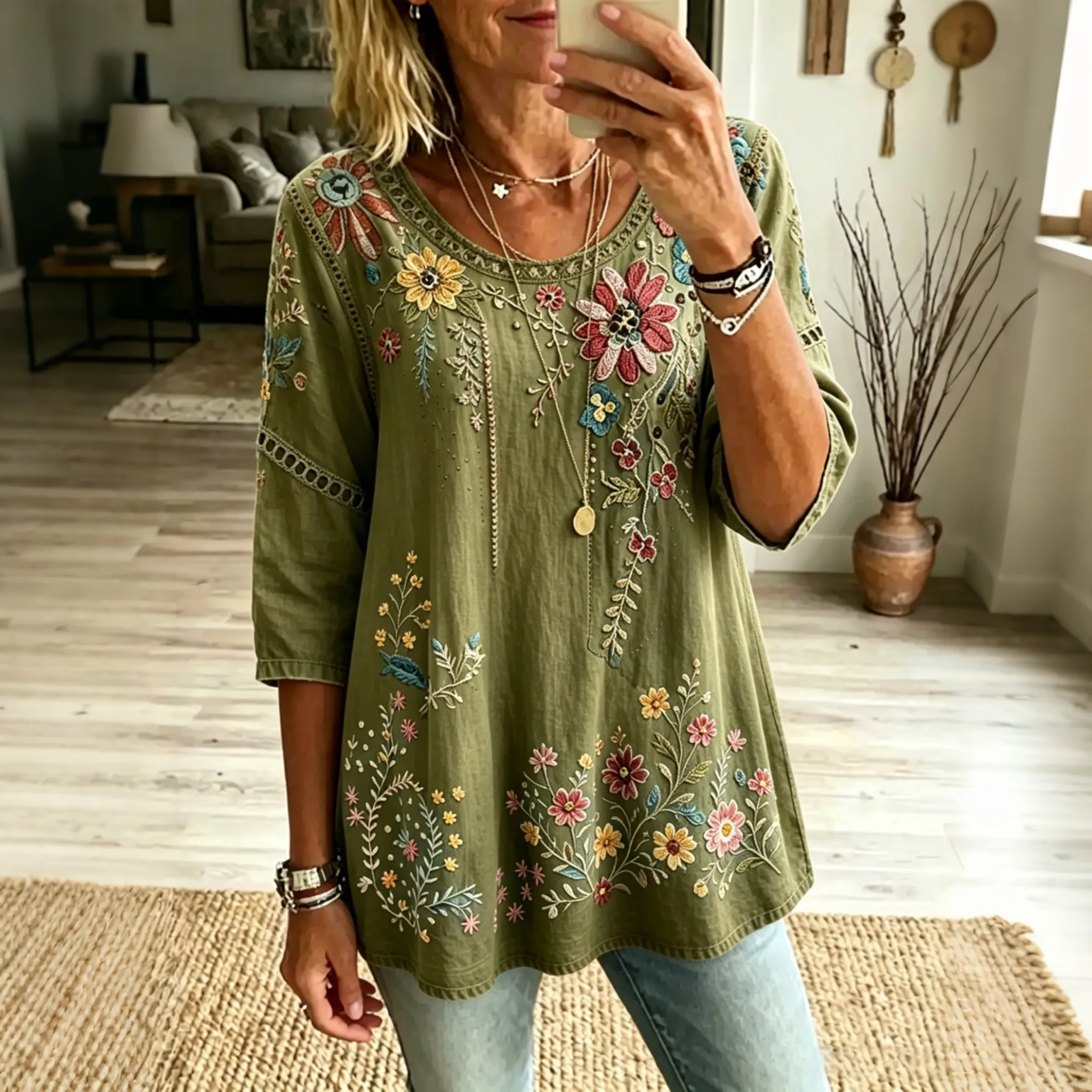 Women's Floral Embroidered Linen Blouse