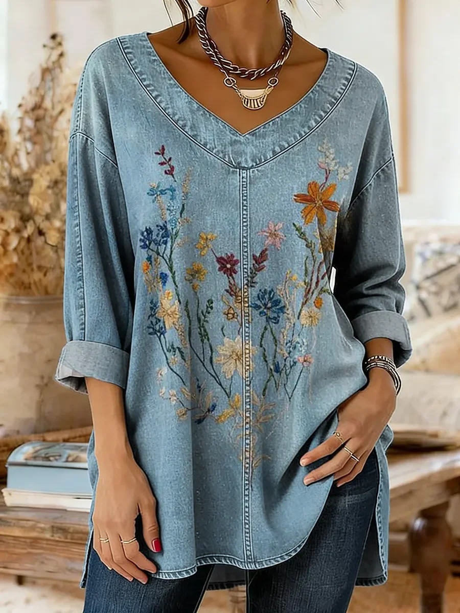 Women's Bohemian Retro Floral Art Print Casual Long-Sleeve V-Neck Washed Cotton Denim Top